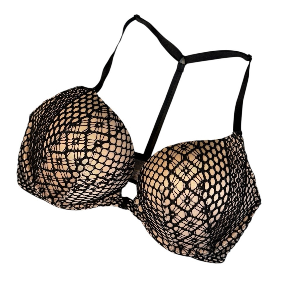 Victoria’s Secret Bobmshell Plunge Front Close T-back Bra Nude Black 34D #2055